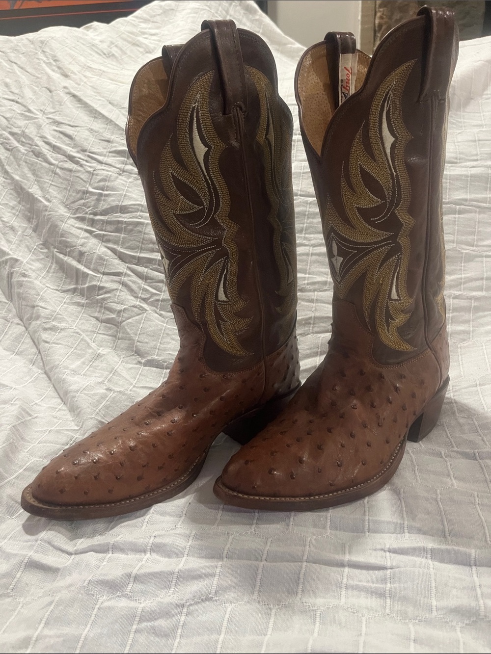 Tony Lama Brown Ostrich and Embroidered Shaft Western Boots
